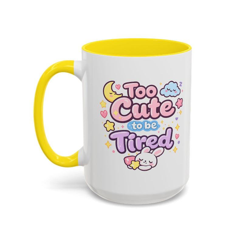 Kawaii bunny mug, white ceramic with yellow rim and handle; colorful bunny and text graphic