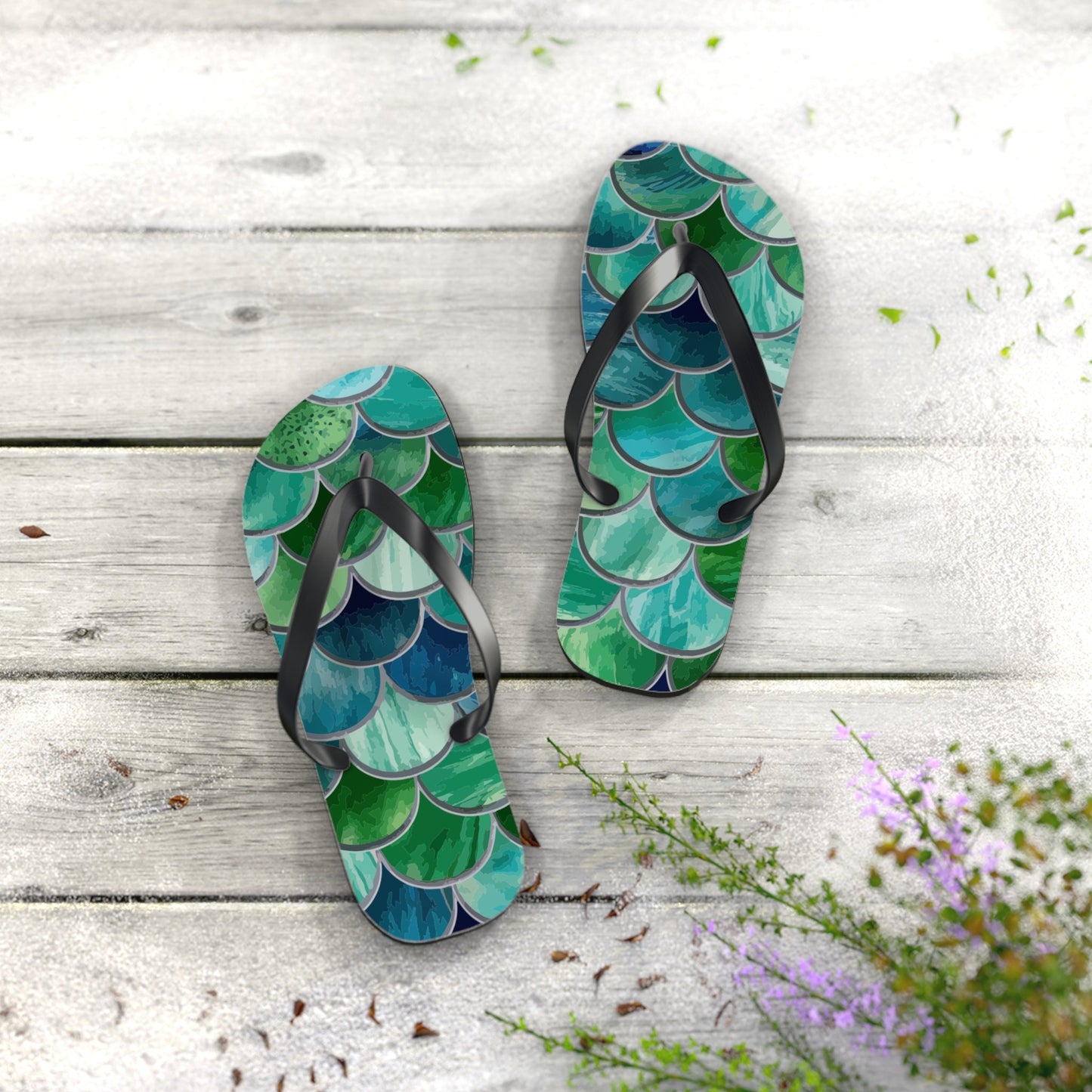 Mermaid-scale flip-flops set: two sandals with black straps and green-blue scale pattern