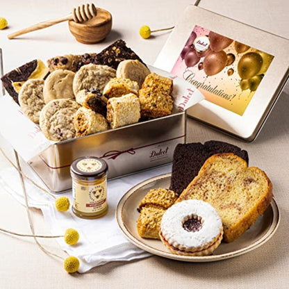 Deluxe honey pastry gift tin with cookies, cake slices, and golden-themed gift card