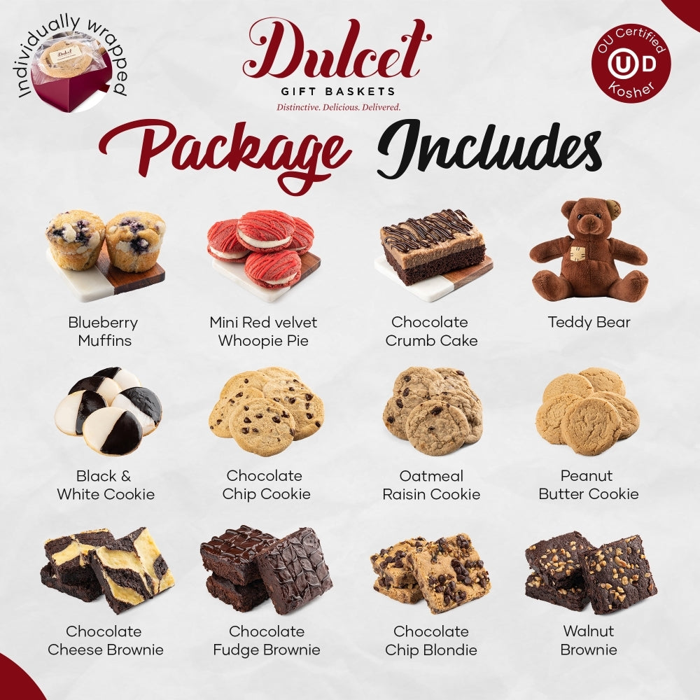 Assorted cookie and brownie gift selection with teddy bear topper