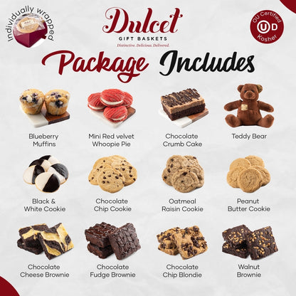 Assorted cookie and brownie gift selection with teddy bear topper