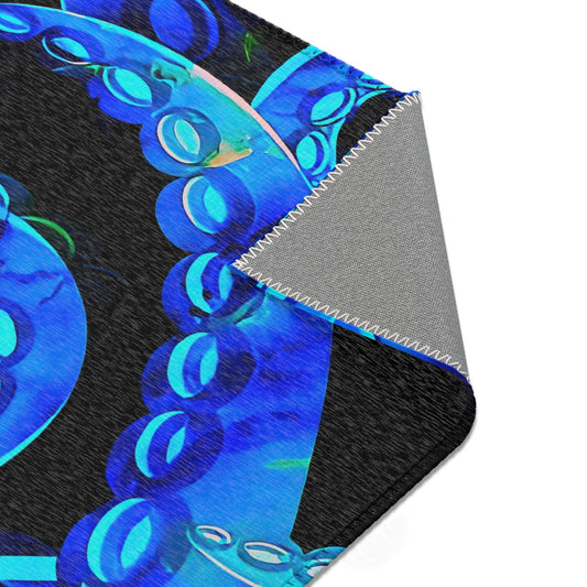 Bioluminescent Octopus Tentacle Area Rug – Electric Blue & Black Deep Sea Art | Non-Slip Backing | 6 Sizes | Fantasy Ocean Home Decor