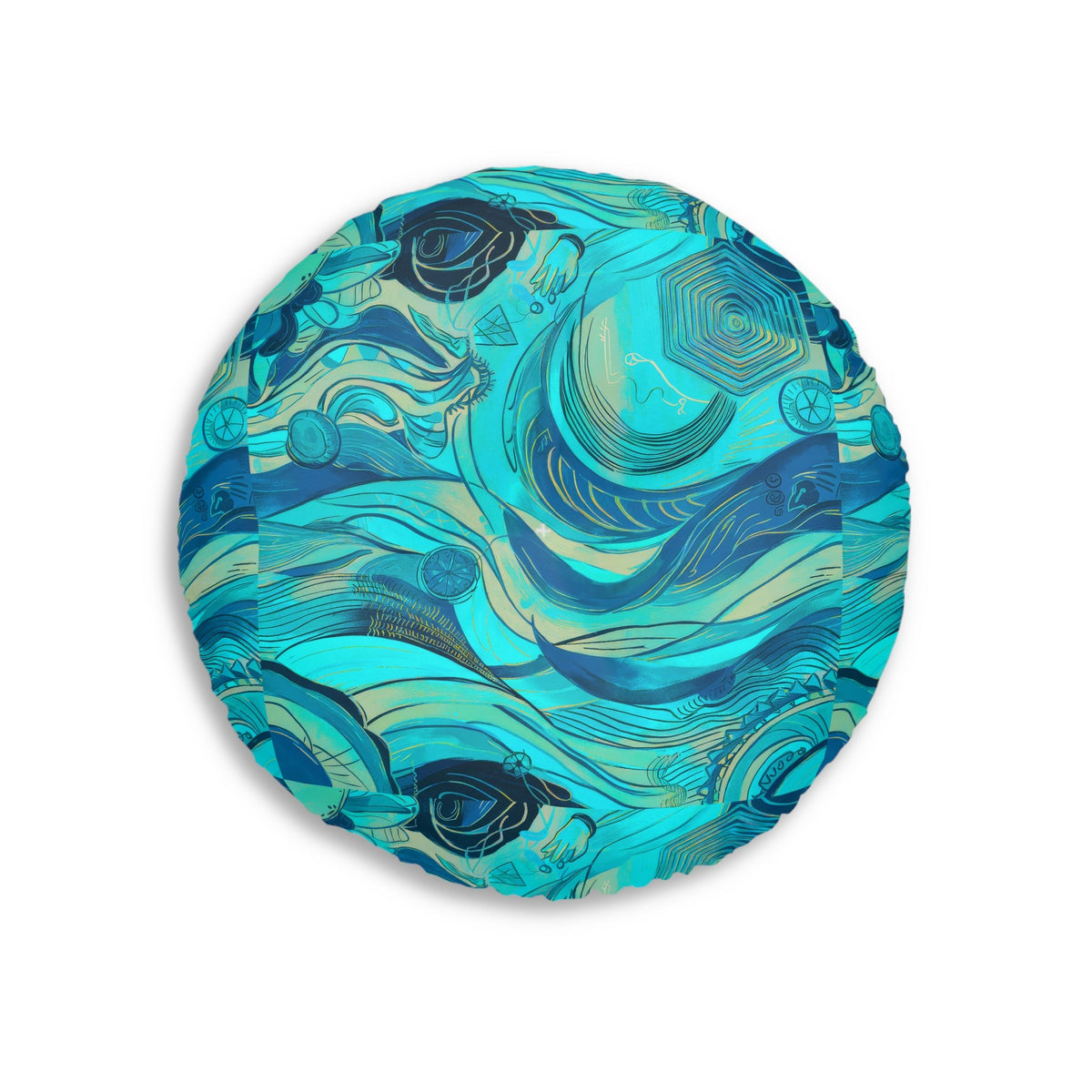 Round Ocean Waves Floor Pillow - Tufted Surrealist Ocean Art Cushion for Coastal Boho Home Decor, 26 and 30 Inch
