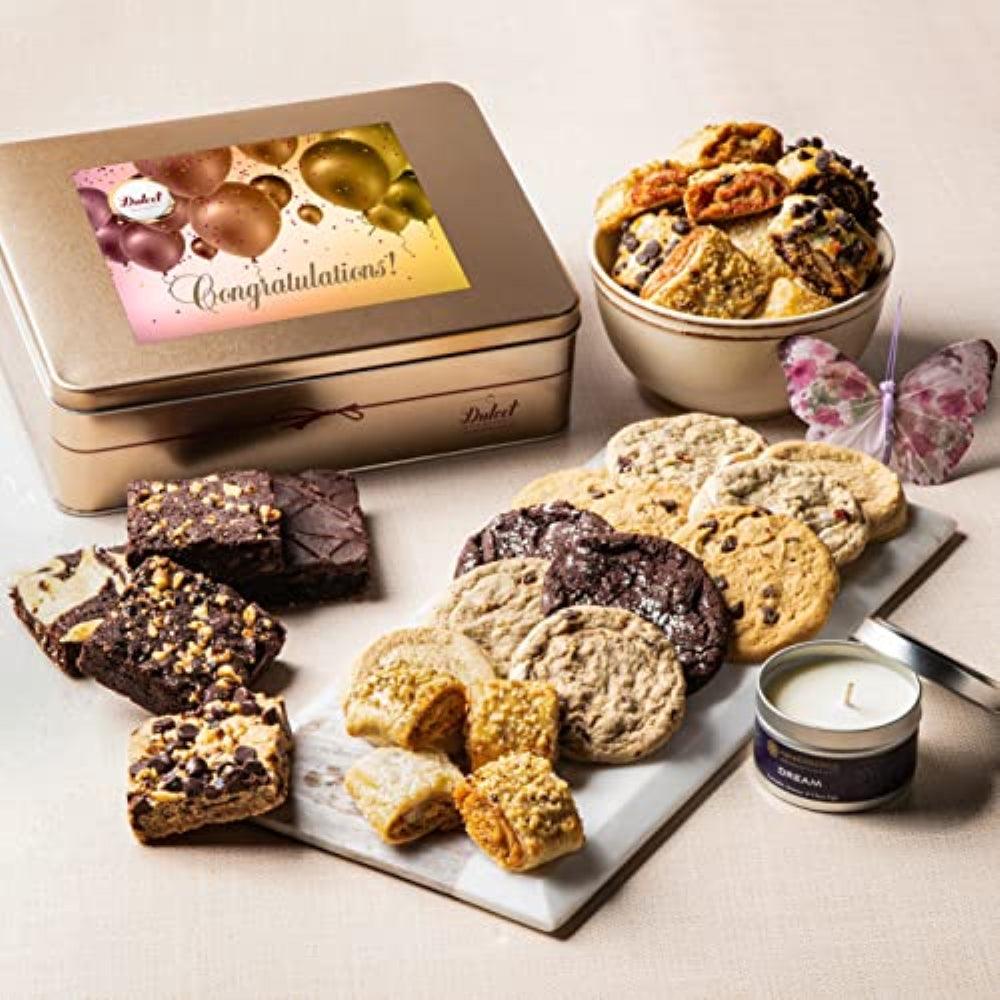 Classic Tin Treats gift tin with assorted cookies, brownies, and a small tin candle