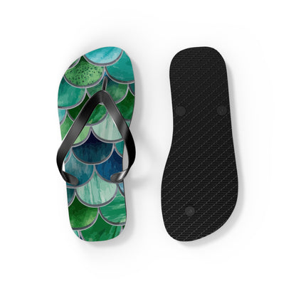 Mermaid-scale flip flop with patterned top and textured black outsole