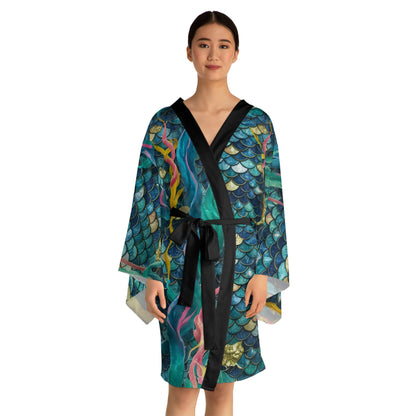 Mermaid Scale Party Kimono – Stained Glass Teal & Gold Mosaic Scale Print | XS–2XL | Black or White Trim | Festival Beach Wedding Coastal Cover-Up