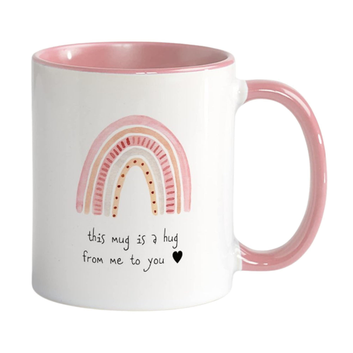 White ceramic mug with pink handle, rainbow hug graphic, and "this mug is a hug" quote