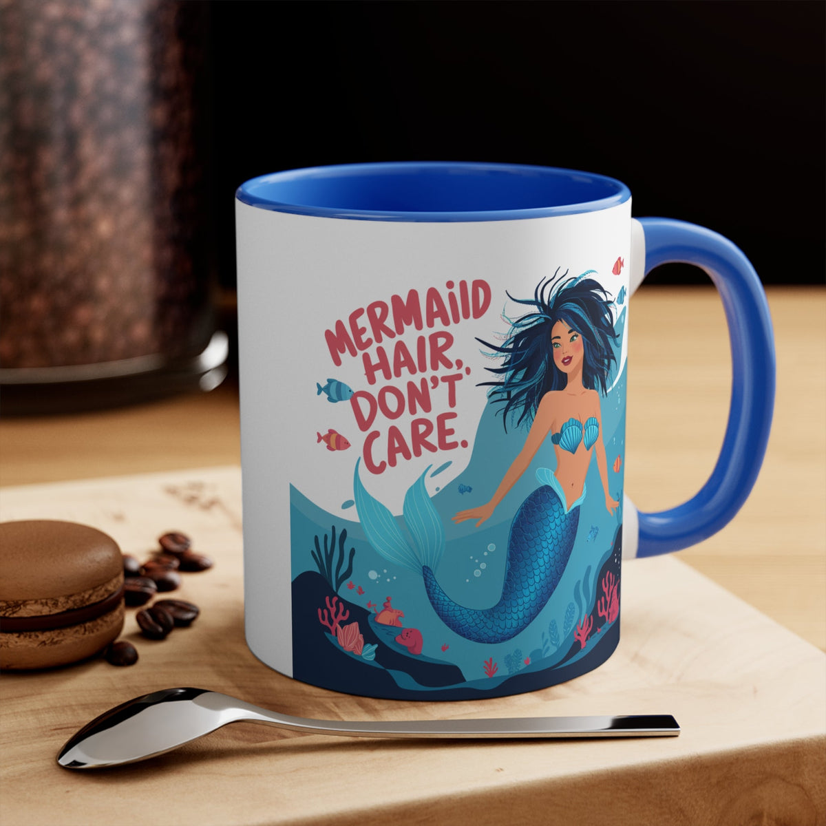 Mermaid Hair Don't Care Accent Mug – Wild Teal Mermaid Underwater Scene | 11oz White Ceramic Blue Green Pink or Red | Ocean Attitude Coffee Gift