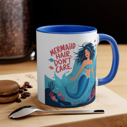 Mermaid Hair Don't Care Accent Mug – Wild Teal Mermaid Underwater Scene | 11oz White Ceramic Blue Green Pink or Red | Ocean Attitude Coffee Gift