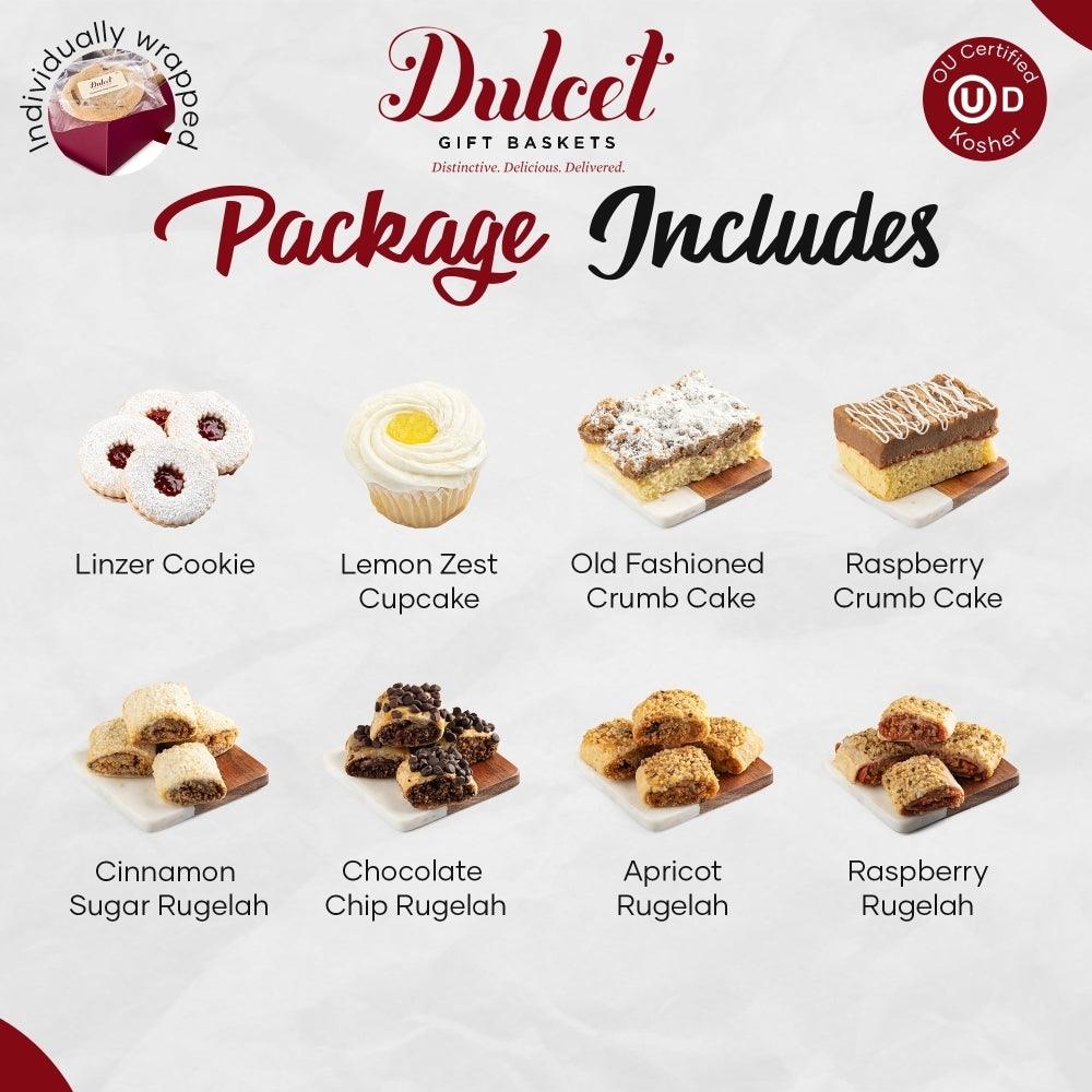 Dulcet Gift Baskets package includes assorted cookies and cupcakes