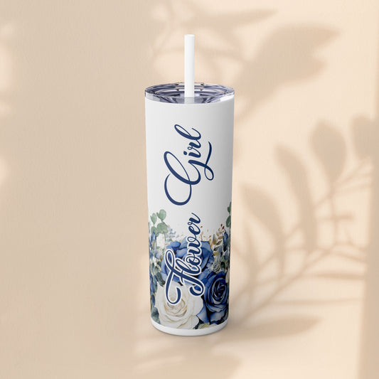 20oz skinny tumbler with white straw, blue-and-white floral print and cursive design