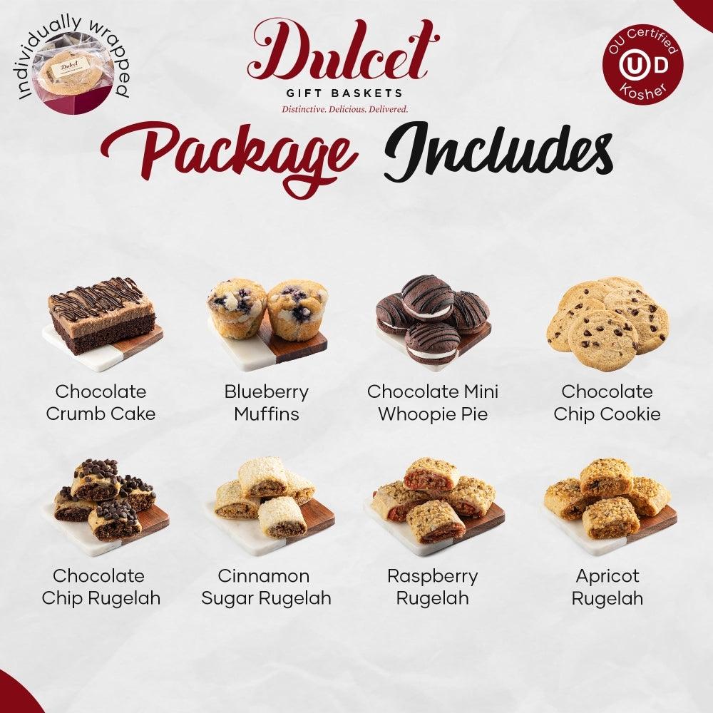 Gourmet package includes chocolate crumb cake, blueberry muffins, mini pie, cookies, rugelach