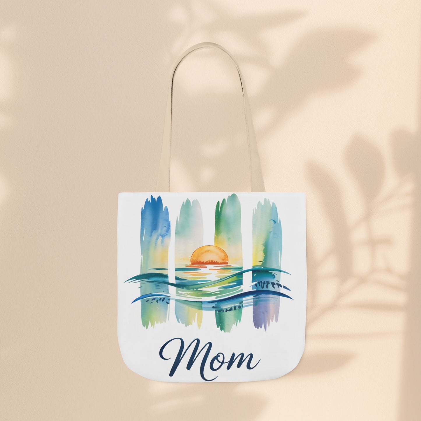 Mom Ocean Sunset Canvas Tote Bag – Watercolour Triptych Design | Polyester Canvas | 3 Sizes × 5 Strap Colours | Gift for Mom