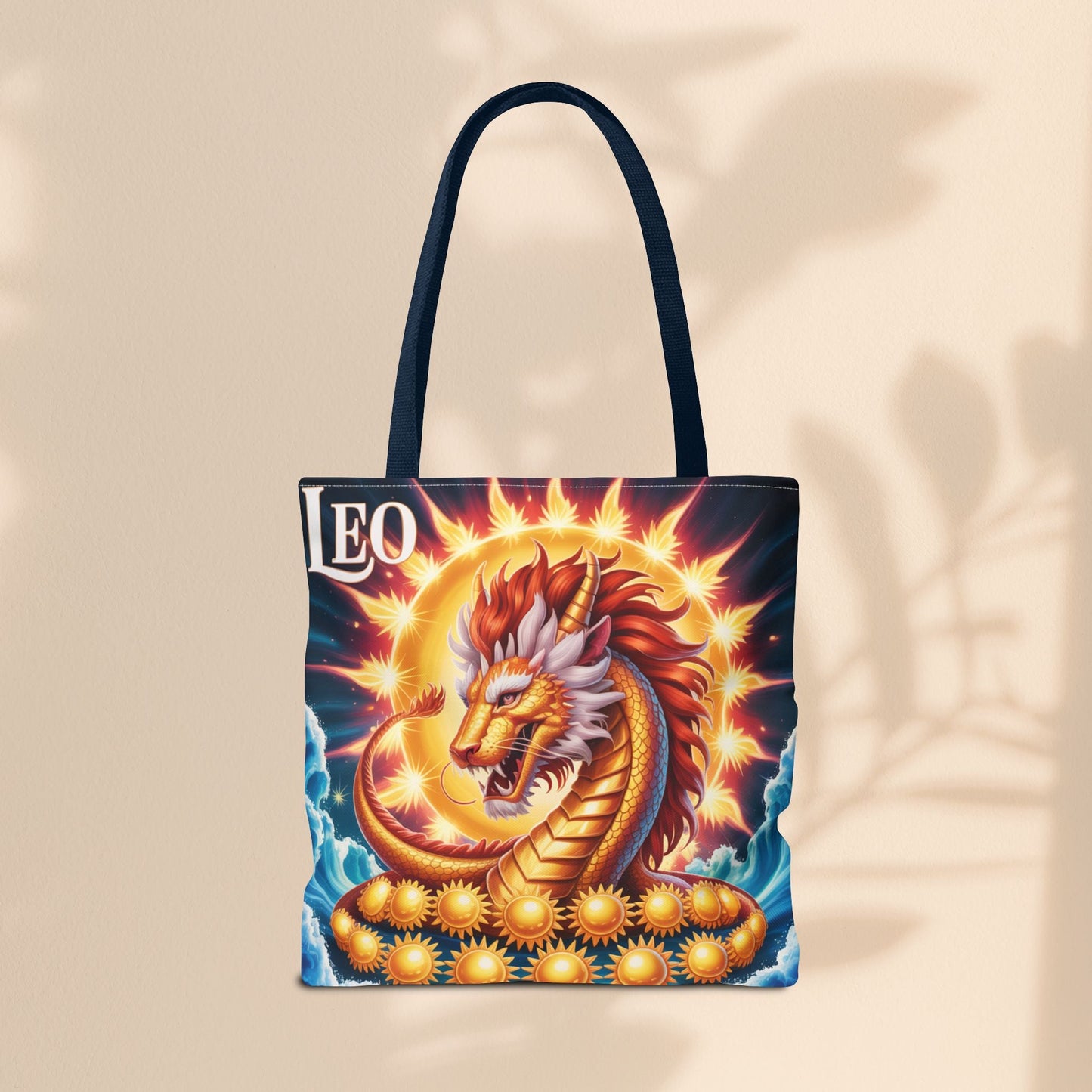 Leo Zodiac Tote Bag – Golden Dragon Sun Celestial Art | 3 Sizes | 5 Handle Colours | Leo Birthday Gift & Astrology Bag