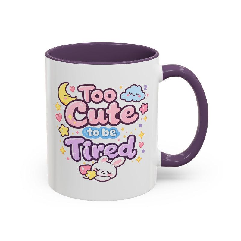 Kawaii bunny mug, white ceramic with purple rim and handle; front graphic with bunny and hearts