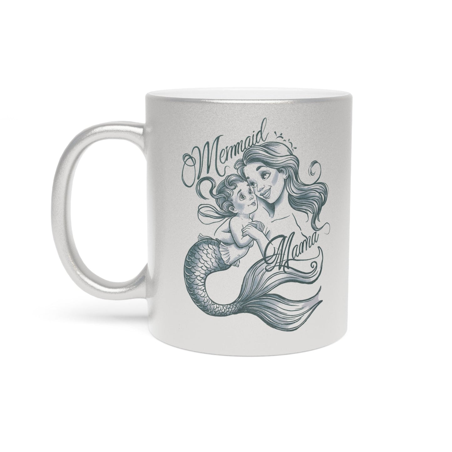 Mermaid Mama Metallic Mug – Fine Line Mermaid Mama & Baby Illustration | 11oz | Gold or Silver Metallic Finish | Mother’s Day Gift for Mermaid Mom