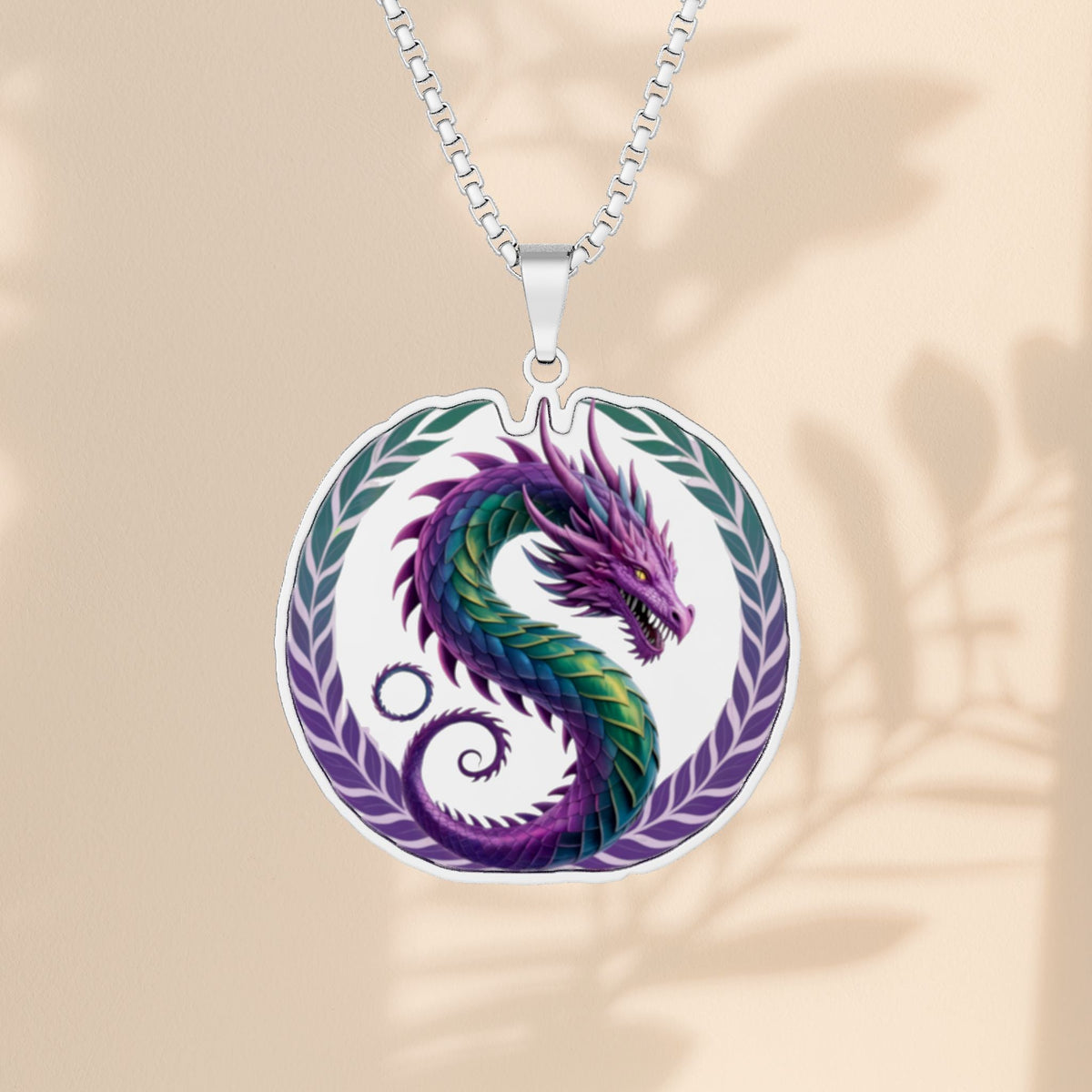 Dragon Pendant Necklace - Purple Green Fantasy Dragon on 18 Inch Chain, Engraved Stainless Steel Gold or Sterling Silver Dragon Gift