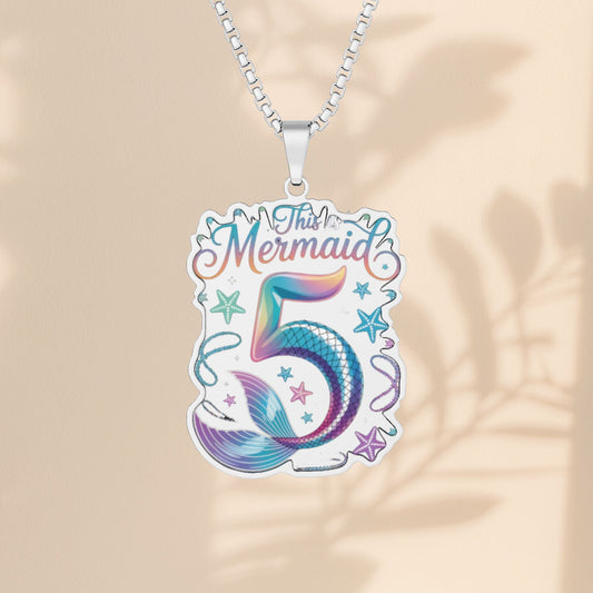 This Mermaid is 5 Birthday Pendant Necklace – Holographic Mermaid Tail Number 5 with 18” Chain | Stainless Steel, Gold Plated or Sterling Silver | 5th Birthday Mermaid Gift