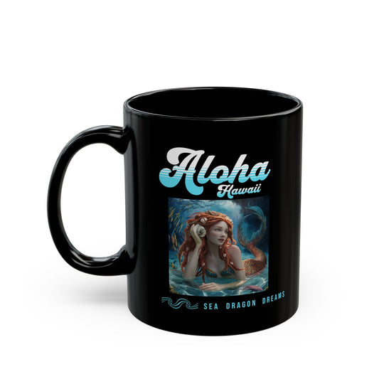 Black coffee mug with Aloha Hawaii logo and sea dragon dreams artwork, front view