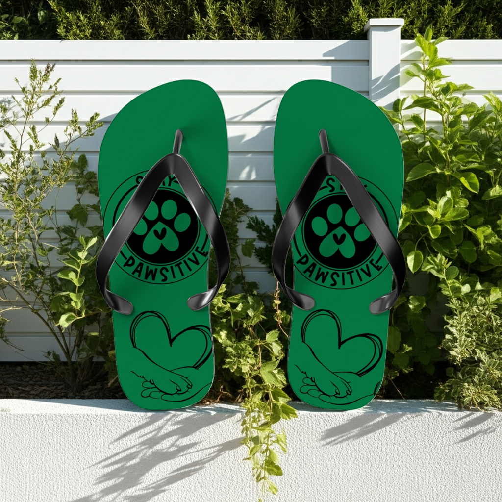 Green flip-flops with black straps and Paw-sitive paw graphic on each thong