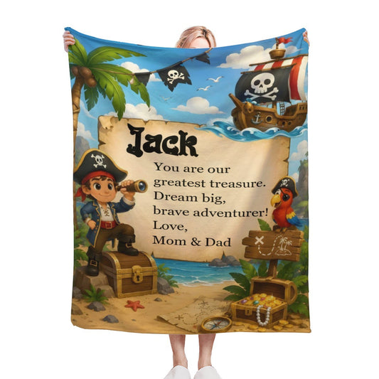 Kids flannel pirate treasure throw blanket with name Jack and map-and-ship artwork