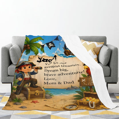 Kids flannel pirate treasure throw blanket with Jack text and pirate ocean scene