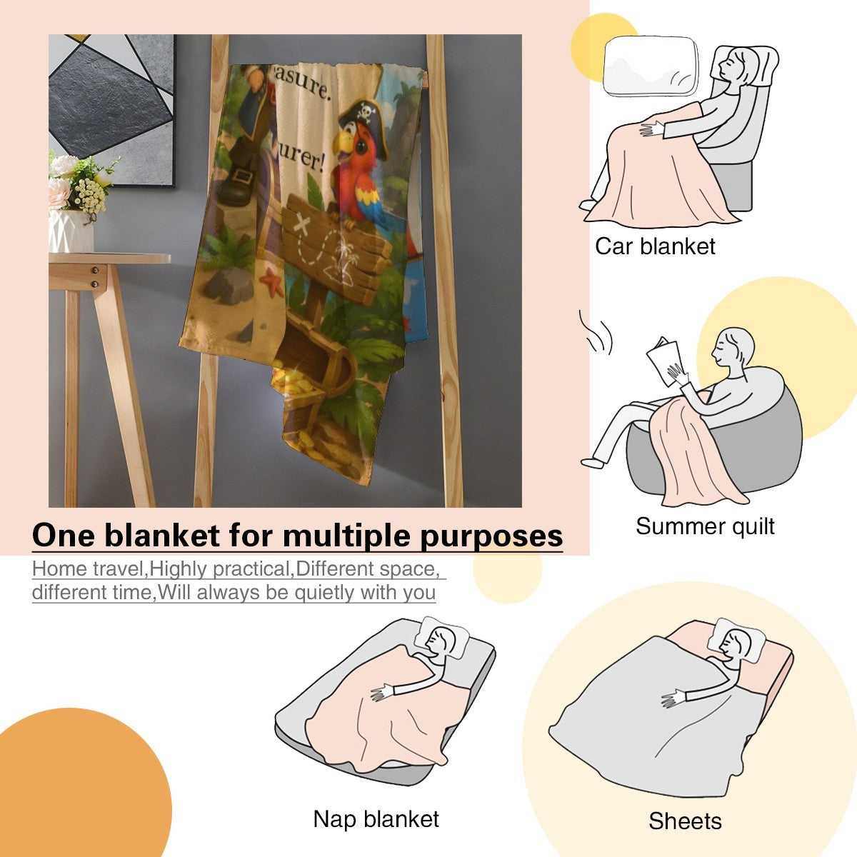 Kids flannel pirate treasure throw blanket with Jack design, displayed with travel icons