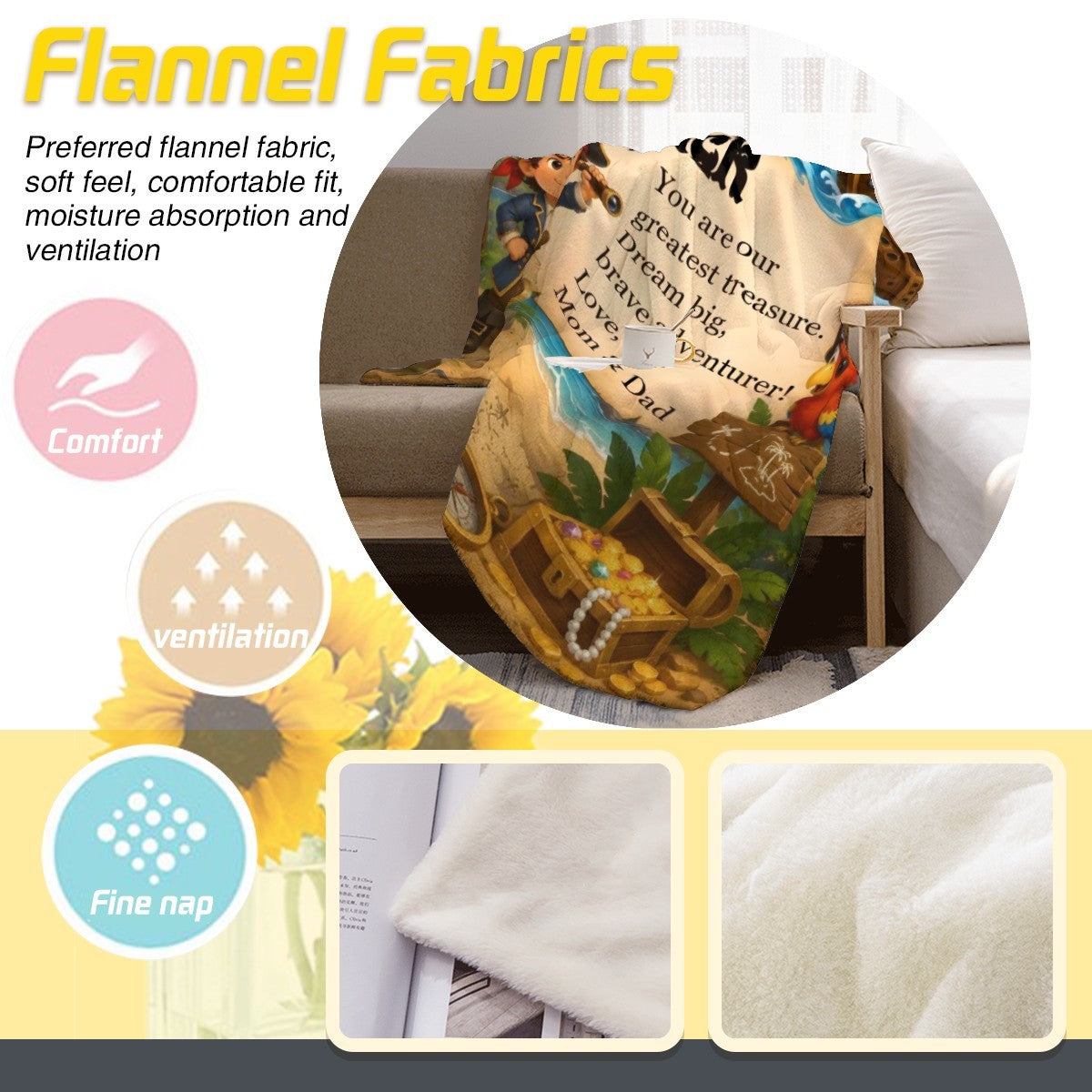 Kids flannel pirate treasure throw blanket shown as soft flannel fabric with Jack design