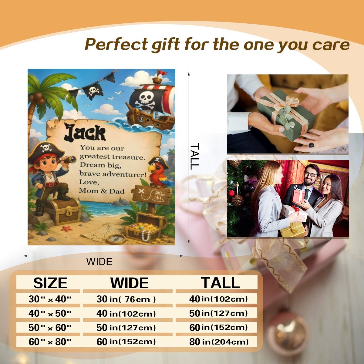 Kids flannel pirate treasure throw blanket with Jack pirate scene, gift-ready design