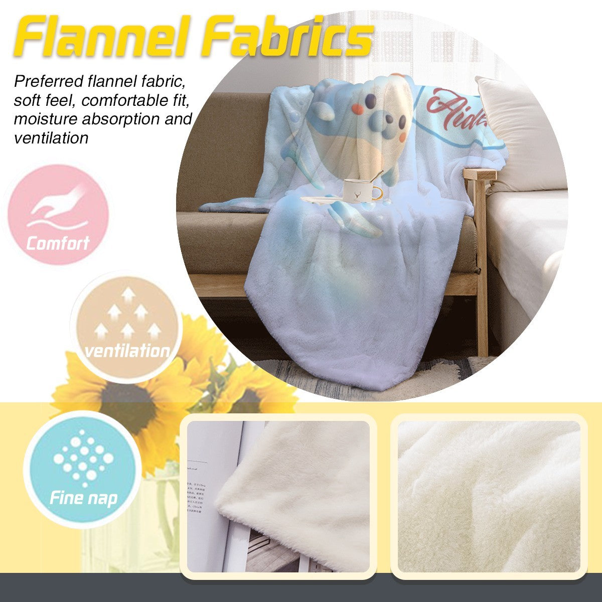 Light blue flannel blanket with seal character print and soft plush texture