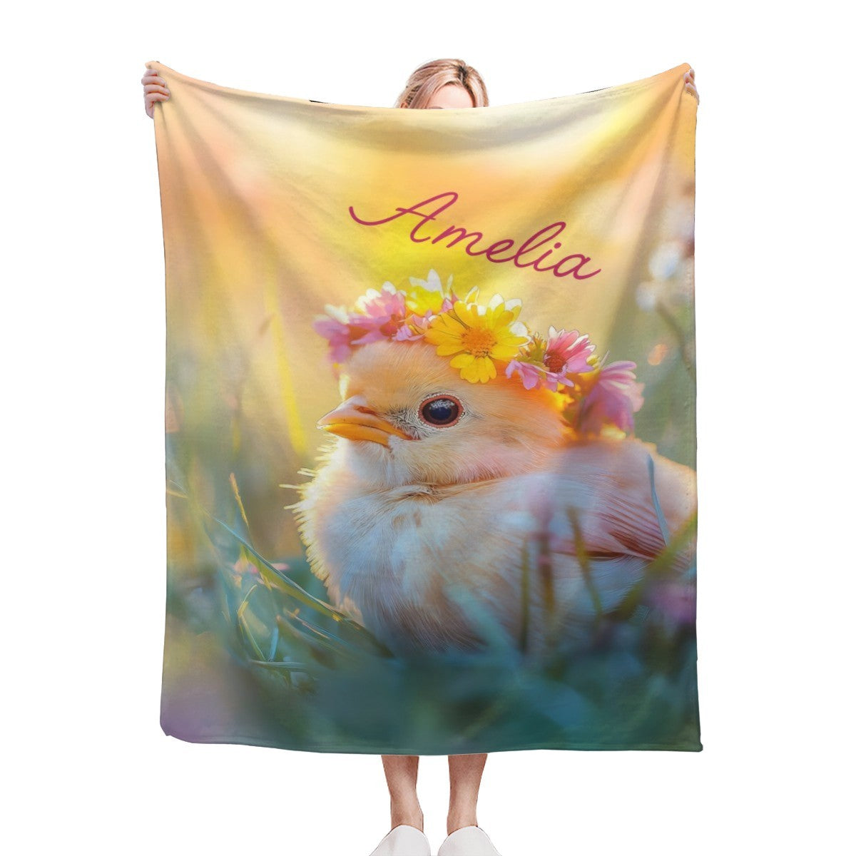 Personalized kids blanket with fluffy bird wearing a flower crown and red name text
