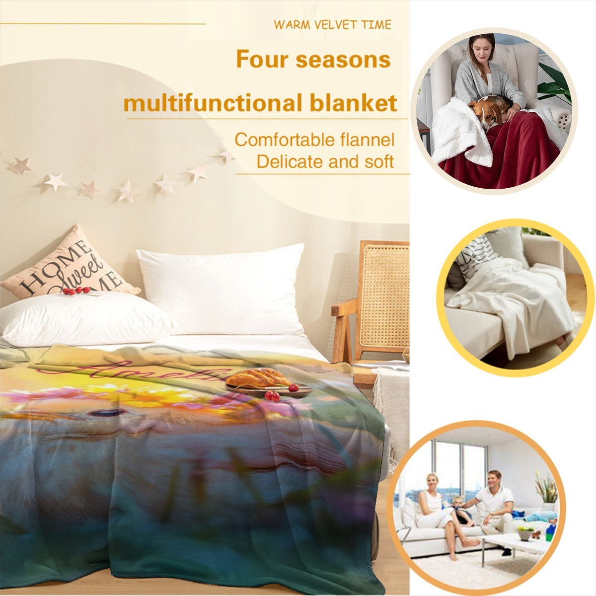 Personalized blanket with fluffy bird and flower crown design on soft multicolor fabric