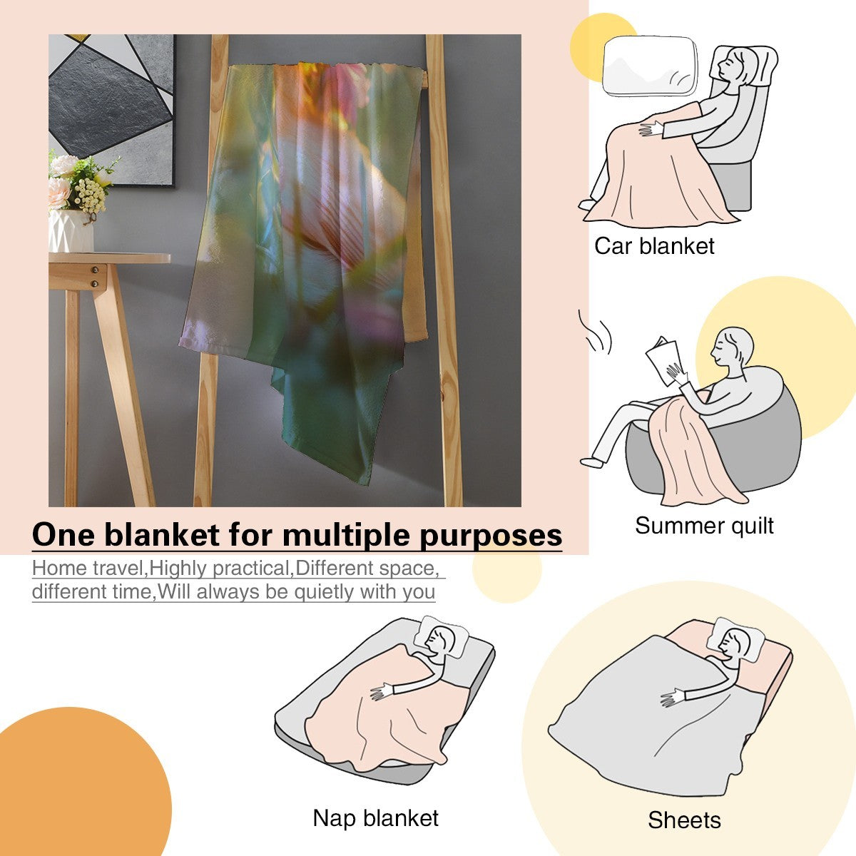 Personalized blanket hanging with fluffy bird and flower crown design on colorful fabric