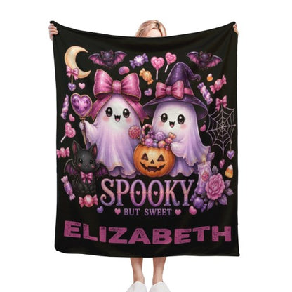 Personalized Halloween Ghost Blanket with Name - Spooky But Sweet Kawaii Ghosts in Pink Bows, Witch Hat, Pumpkin and Candy