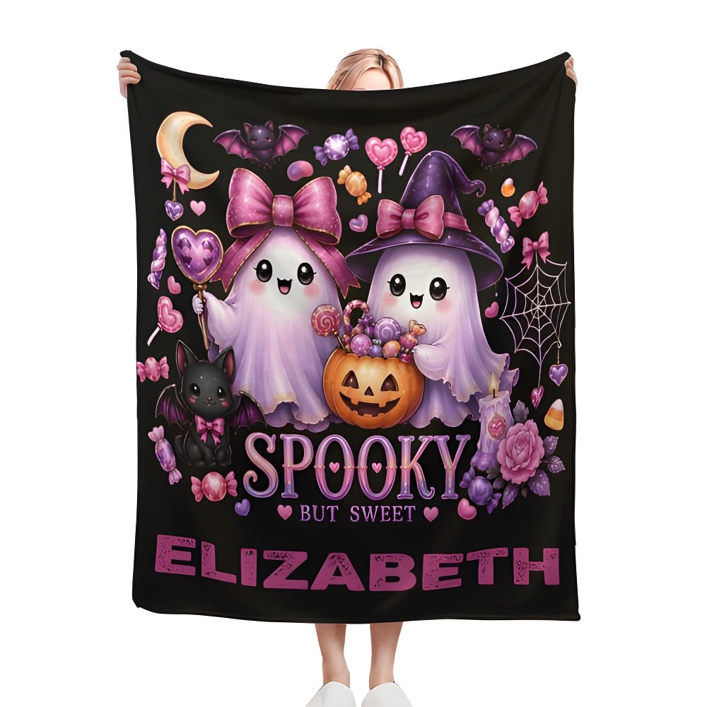 Personalized Halloween Ghost Blanket with Name - Spooky But Sweet Kawaii Ghosts in Pink Bows, Witch Hat, Pumpkin and Candy