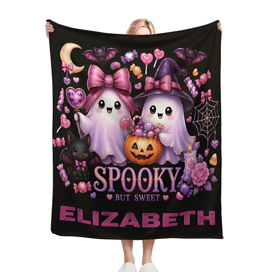 Personalized Halloween Ghost Blanket with Name - Spooky But Sweet Kawaii Ghosts in Pink Bows, Witch Hat, Pumpkin and Candy