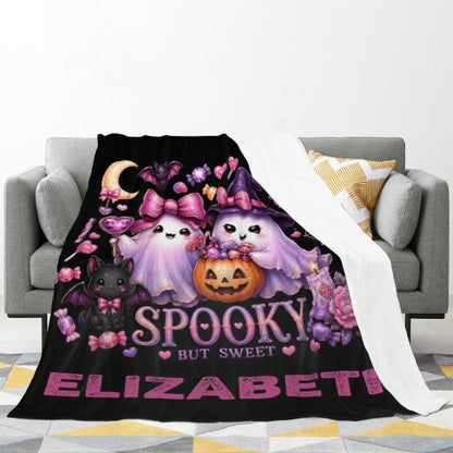 Personalized Halloween Ghost Blanket with Name - Spooky But Sweet Kawaii Ghosts in Pink Bows, Witch Hat, Pumpkin and Candy