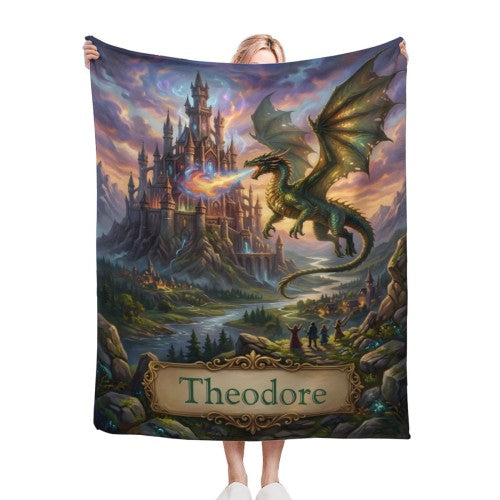 Square fantasy dragon castle throw blanket with gold “Theodore” banner front view