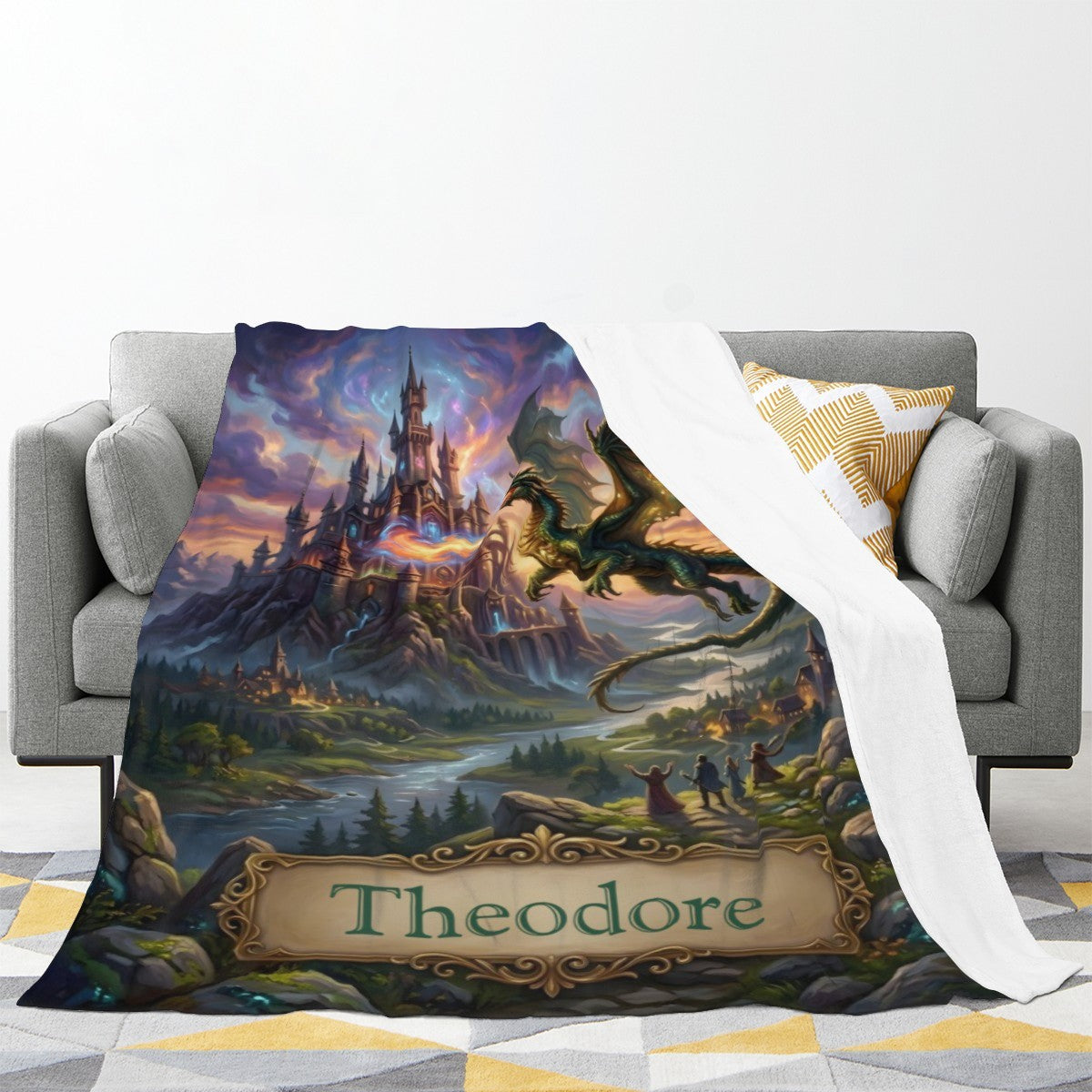 Fantasy dragon castle throw blanket with gold “Theodore” banner, draped on a couch