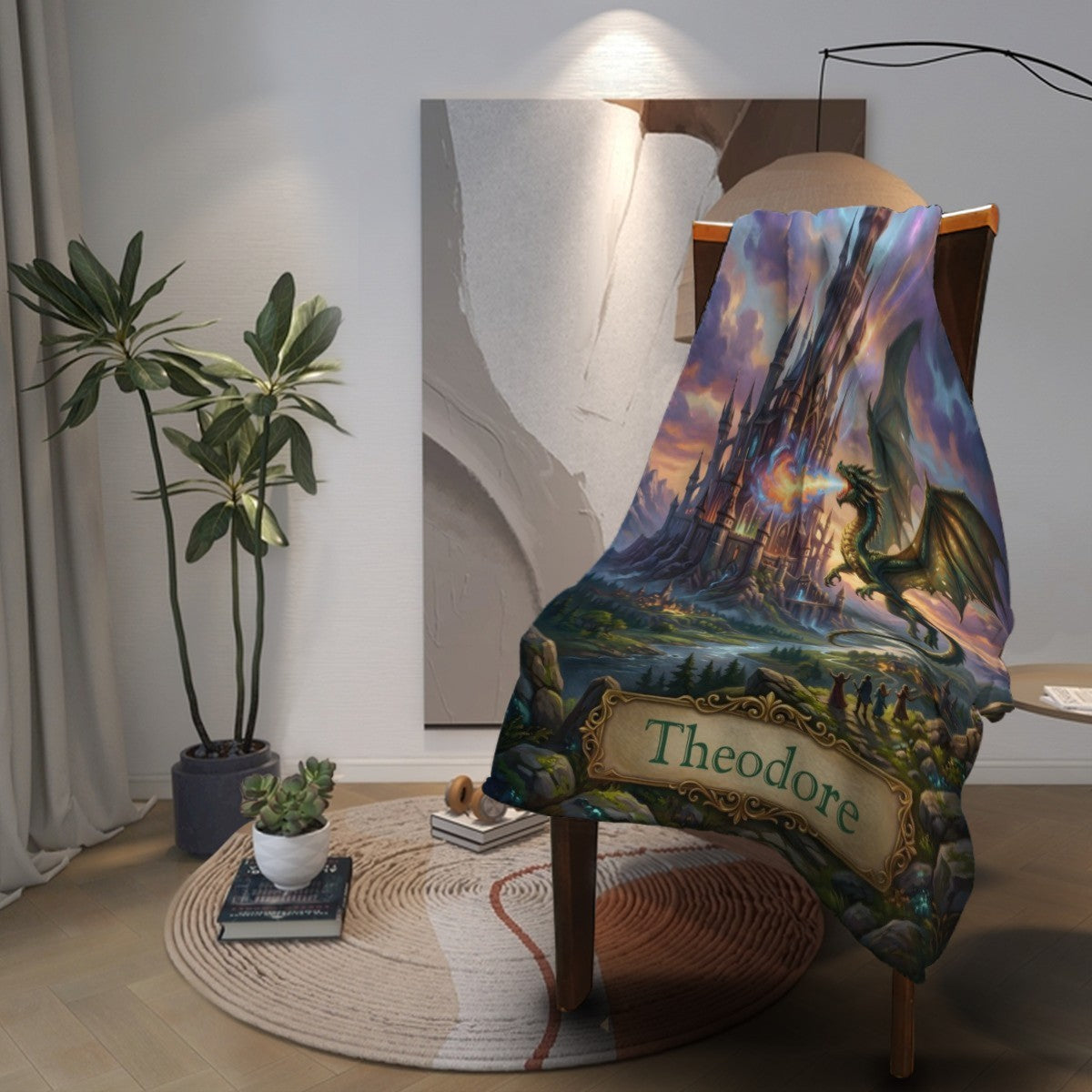 Fantasy dragon castle throw blanket with gold “Theodore” banner, draped over a chair