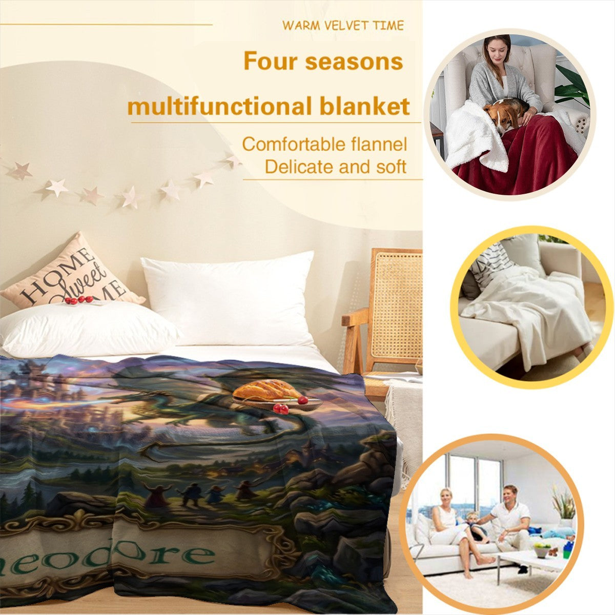 Fantasy dragon castle throw blanket with gold “Theodore” banner on a bed