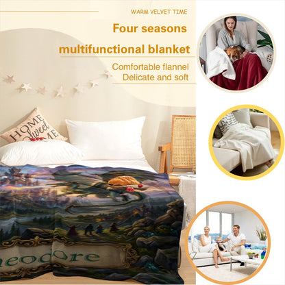 Fantasy dragon castle throw blanket with gold “Theodore” banner on a bed