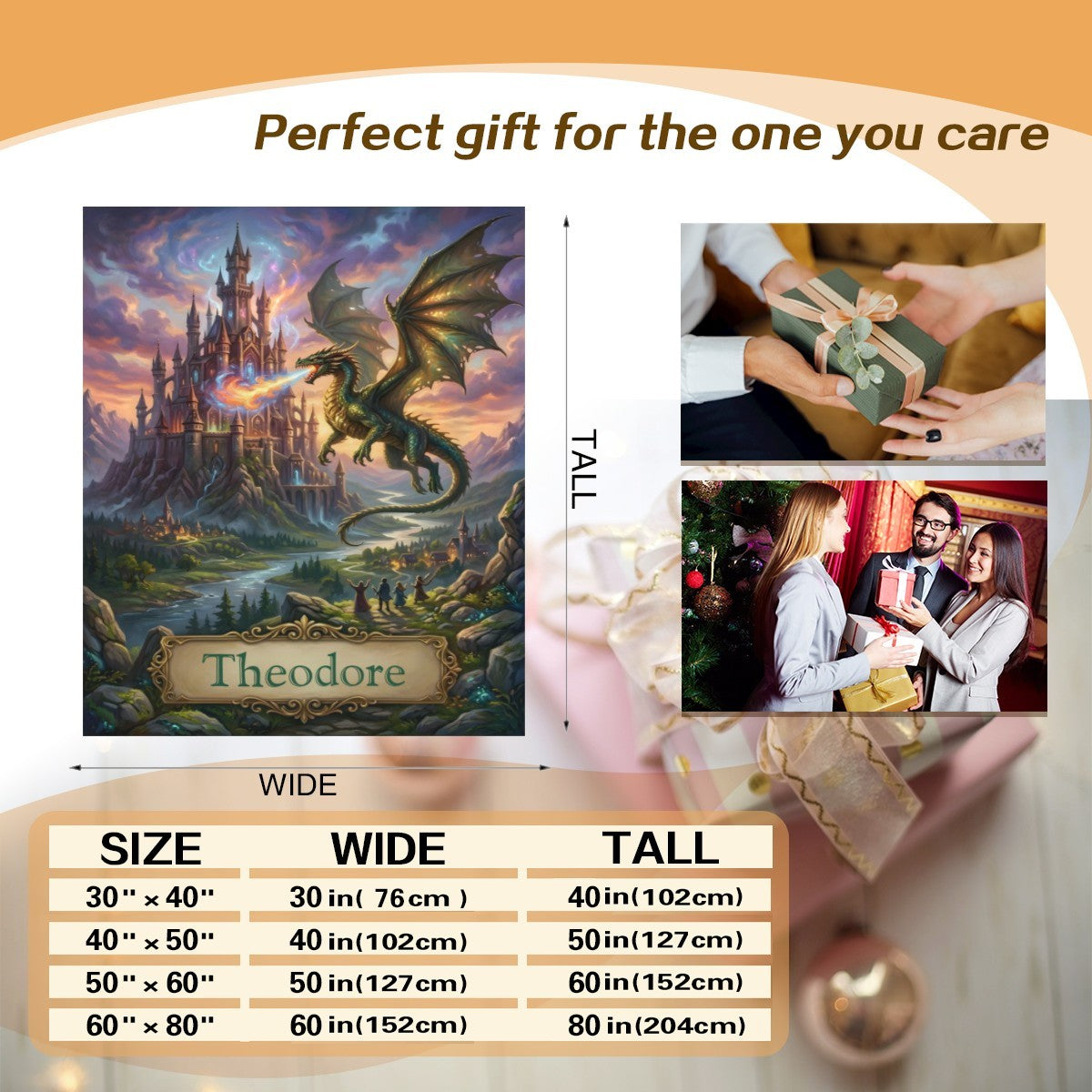 Fantasy dragon castle throw blanket with gold “Theodore” name panel