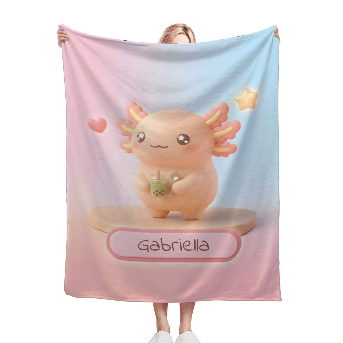 Pink and light-blue character throw blanket with bear graphic and “Gabriella” label