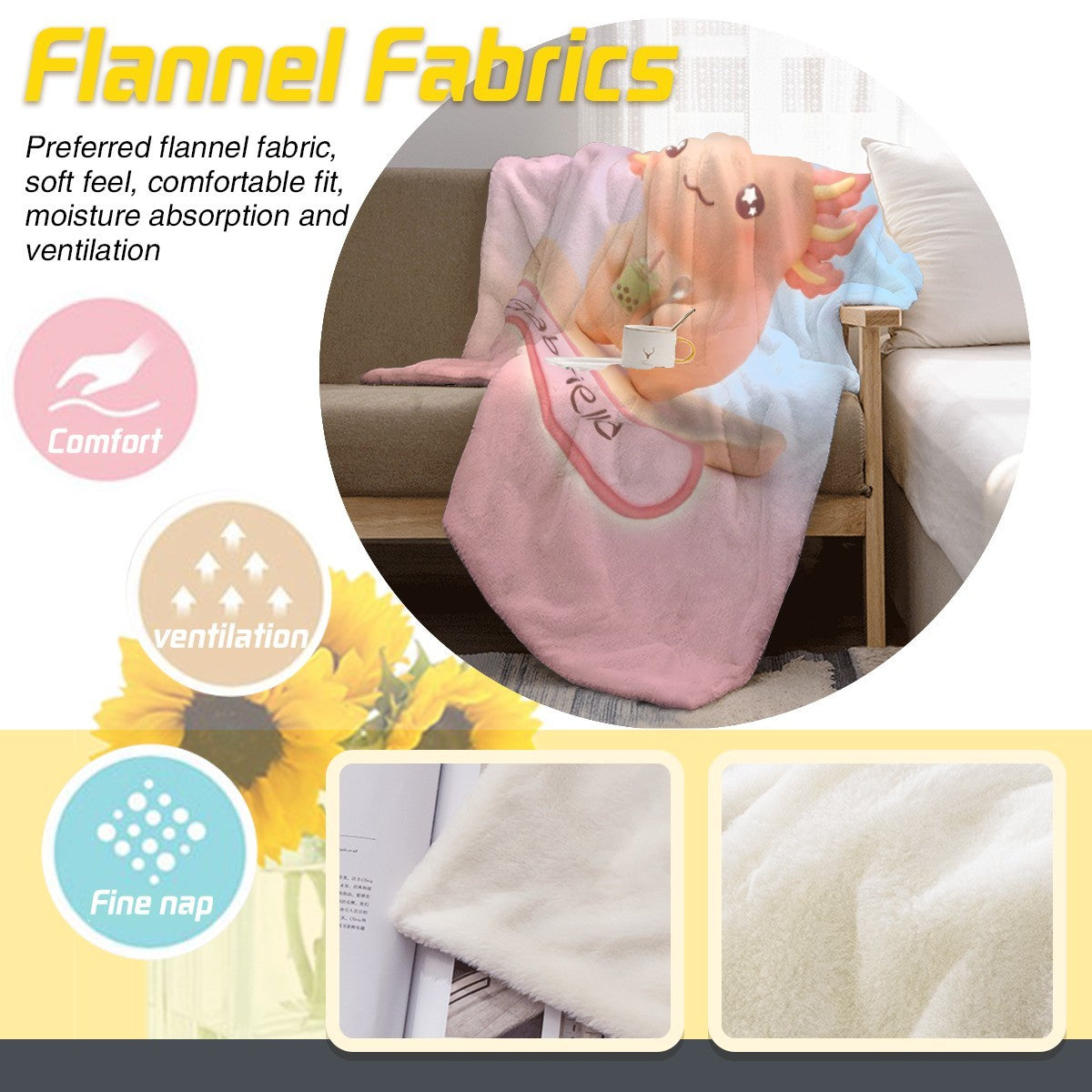 Pink and light-blue character blanket with bear holding cup and “Gabriella” text