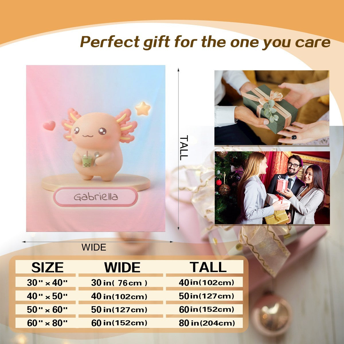 Pink and light-blue bear character blanket with “Gabriella” label, gift-themed layout