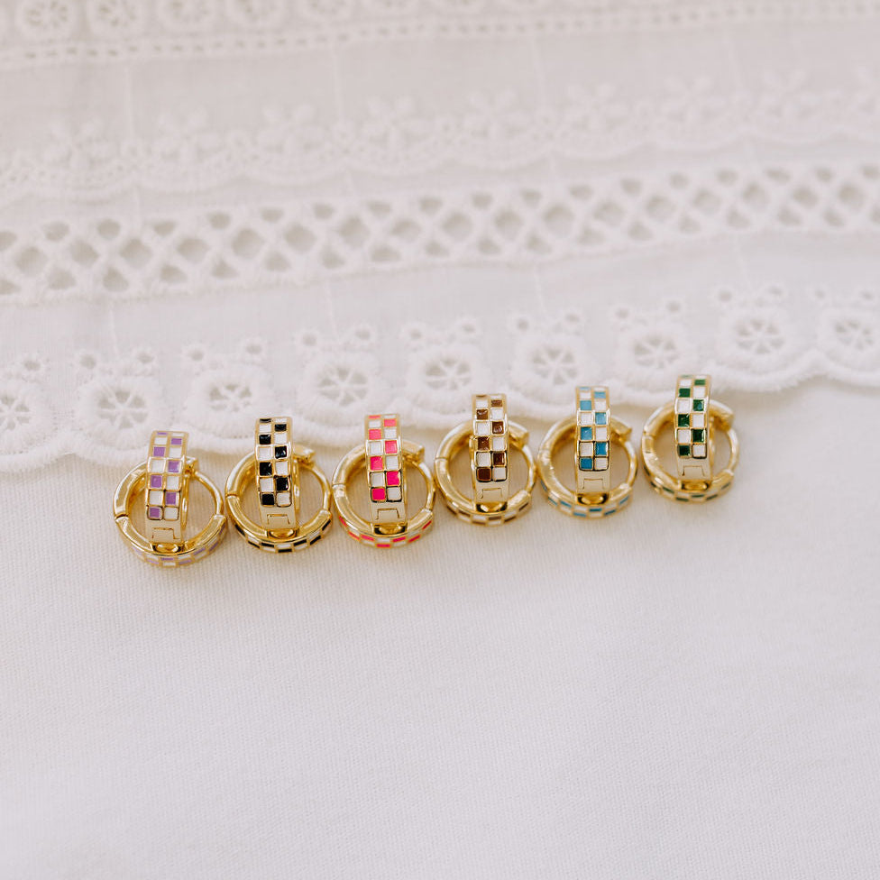 Gold hoops in assorted checkerboard colors