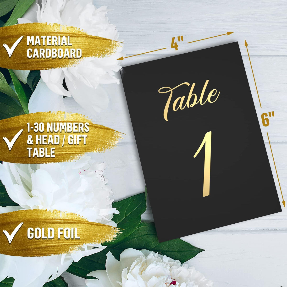 Black card showing gold foil “Table 1” with size markers and “material cardboard”