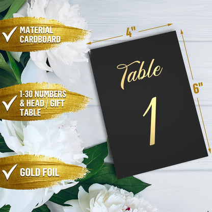 Black card showing gold foil “Table 1” with size markers and “material cardboard”