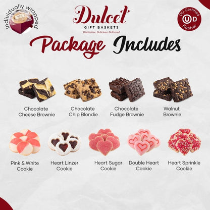Gift package items shown: brownies and heart cookies with pink and white designs